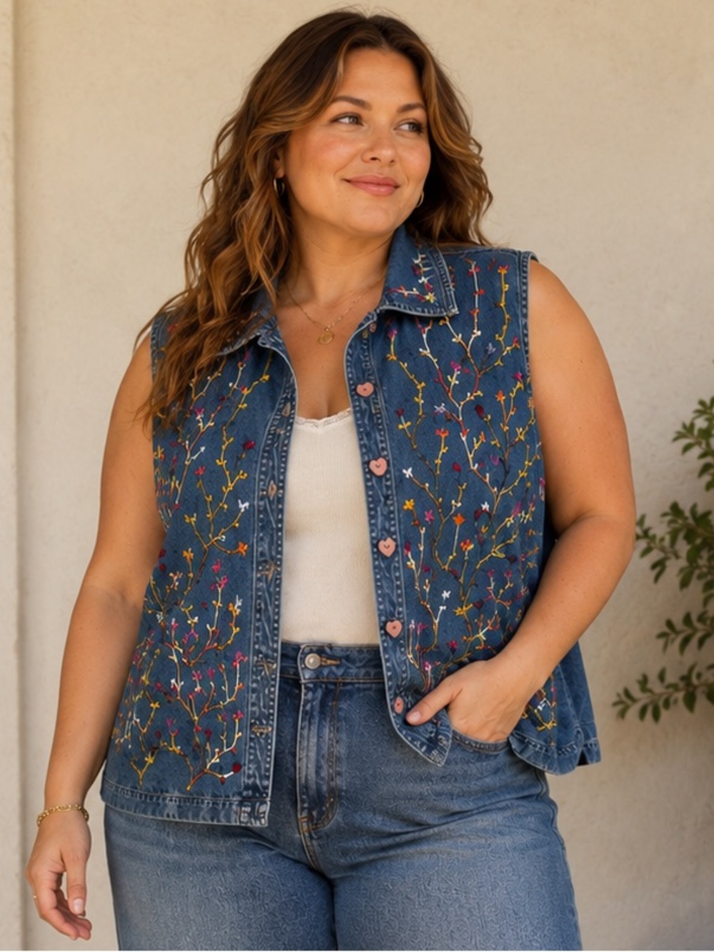 Life Style Plus 2X Embroidered Denim Vest Floral Boho Cottagecore Button Front